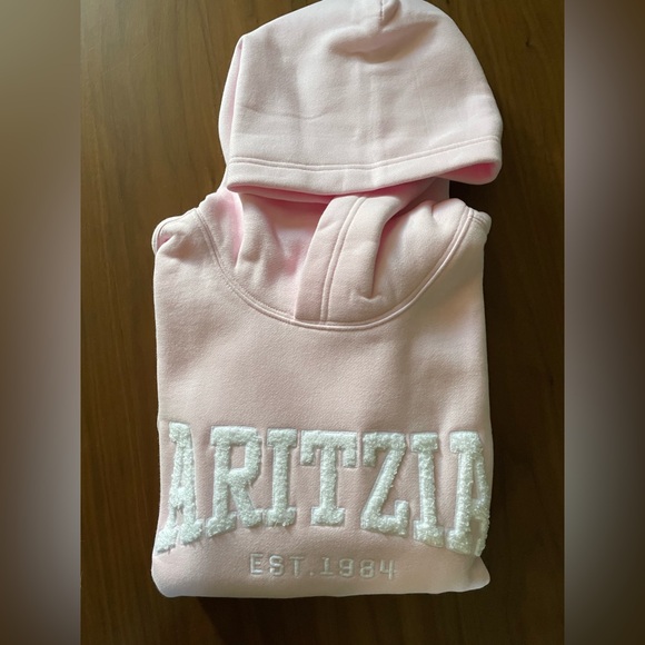 Aritzia Cozy Sweatfleece Perfect Hoodie Light Pink Embroidered Logo NWT - Picture 9 of 12